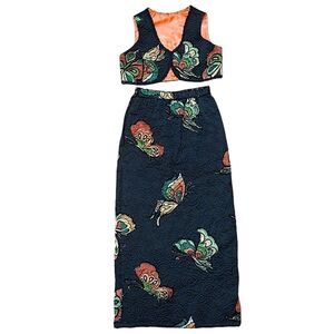 Handmade Skirt and Vest Set with Butterfly Print, Black/Pink/Green etc., Size XS